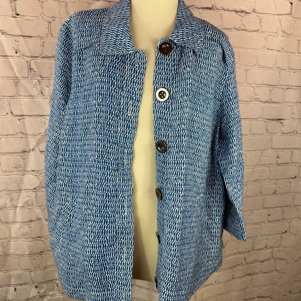 CJ Banks Blue White Textured Blazer jacket womens 1X linen blend beach travel